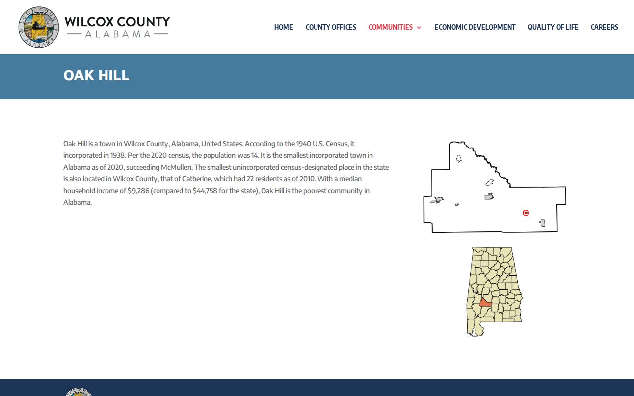 Official Wilcox County profile information for Oak Hill, Alabama